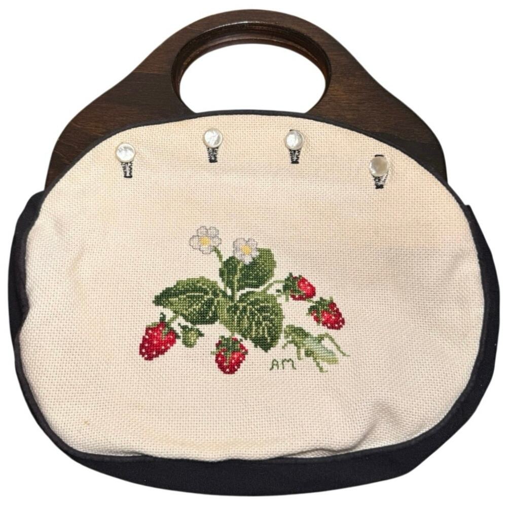 VTG 1970s Bermuda Bag Wood Handle Handcrafted Strawberry Needlepoint Purse Black